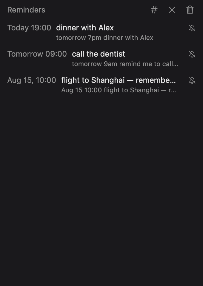 Reminder list showing pending reminders sorted by time, including Today 19:00 dinner with Alex