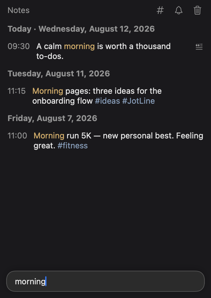 Timeline filtered by the search word morning with matching text highlighted in amber