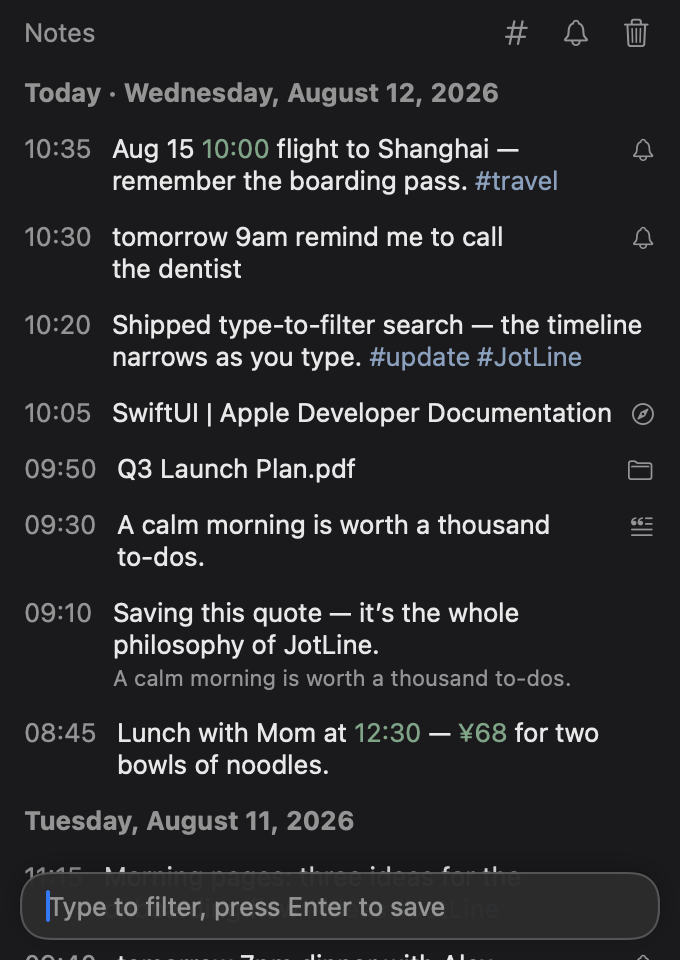 JotLine timeline: newest notes on top, grouped by day, with times, #tags, a web-link note with a safari icon, a file note with a folder icon, quote and reply rows, and bell icons on reminder notes
