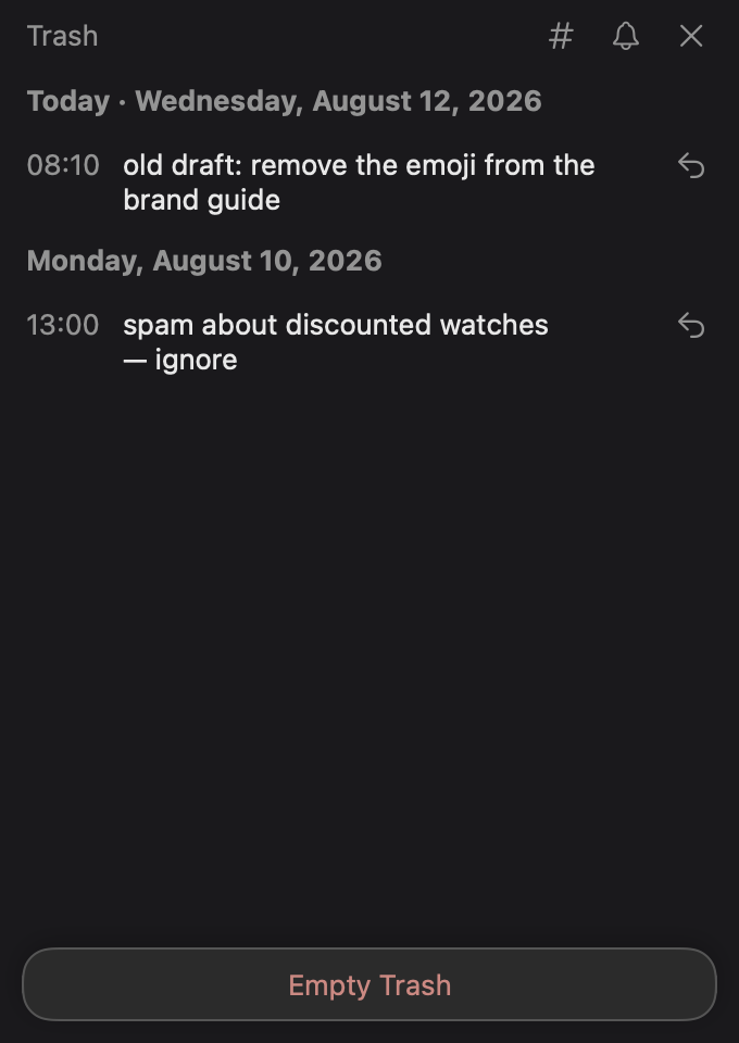 Trash page with deleted notes, restore buttons, and an Empty Trash action